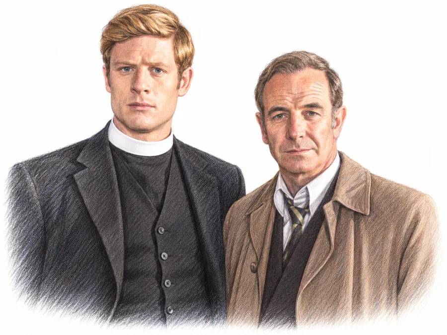 Grantchester. A 1950s Cambridgeshire vicar with a Military Cross and a police inspector with no time for church-going solve murders in the same village. Starring Robson Green, James Norton and Tom Brittney.
